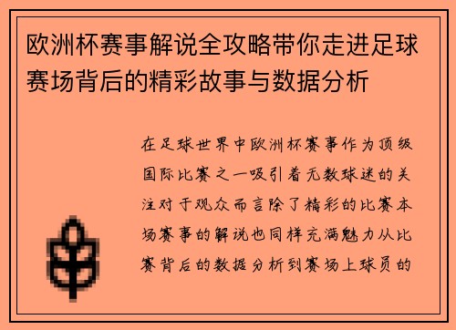 欧洲杯赛事解说全攻略带你走进足球赛场背后的精彩故事与数据分析