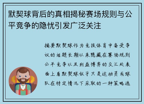 默契球背后的真相揭秘赛场规则与公平竞争的隐忧引发广泛关注 默契球背后的真相揭秘赛场规则与公平竞争的隐忧引发广泛关注
